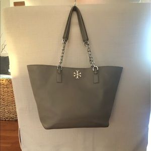 Tory Burch Luxury Gray Soft Leather Designer Logo Mercer Tote Shoulder Bag